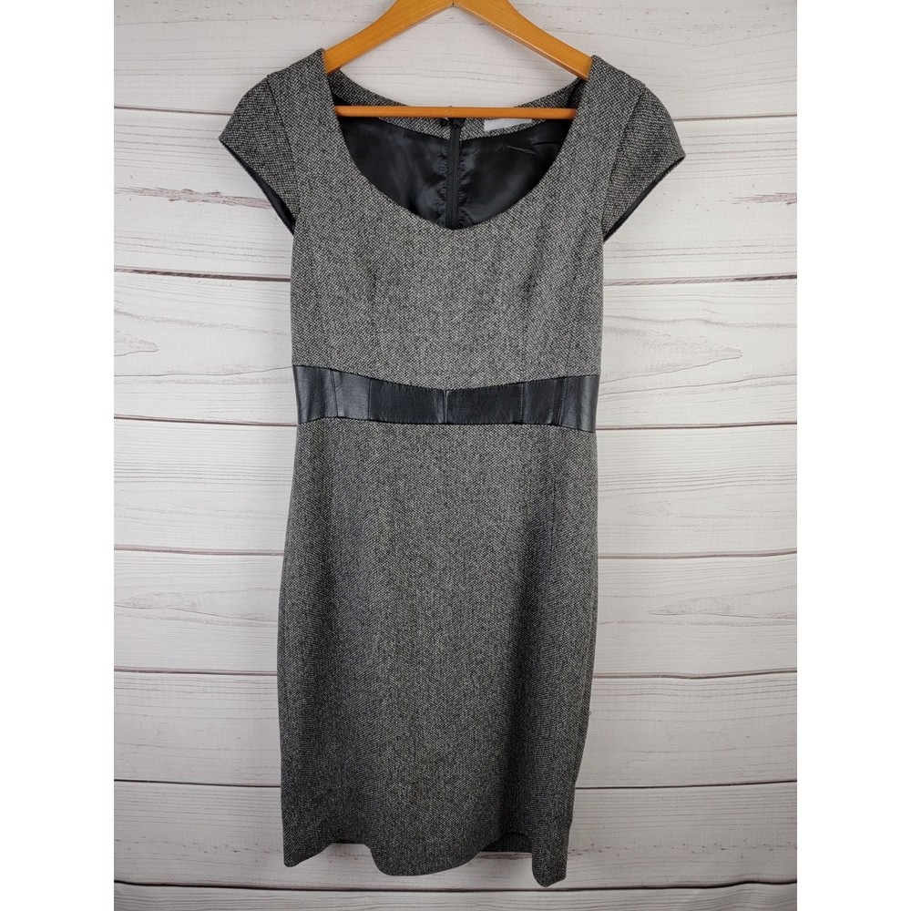 H&M Gray Black Business Tweed Dress Faux Leather Small Size 6